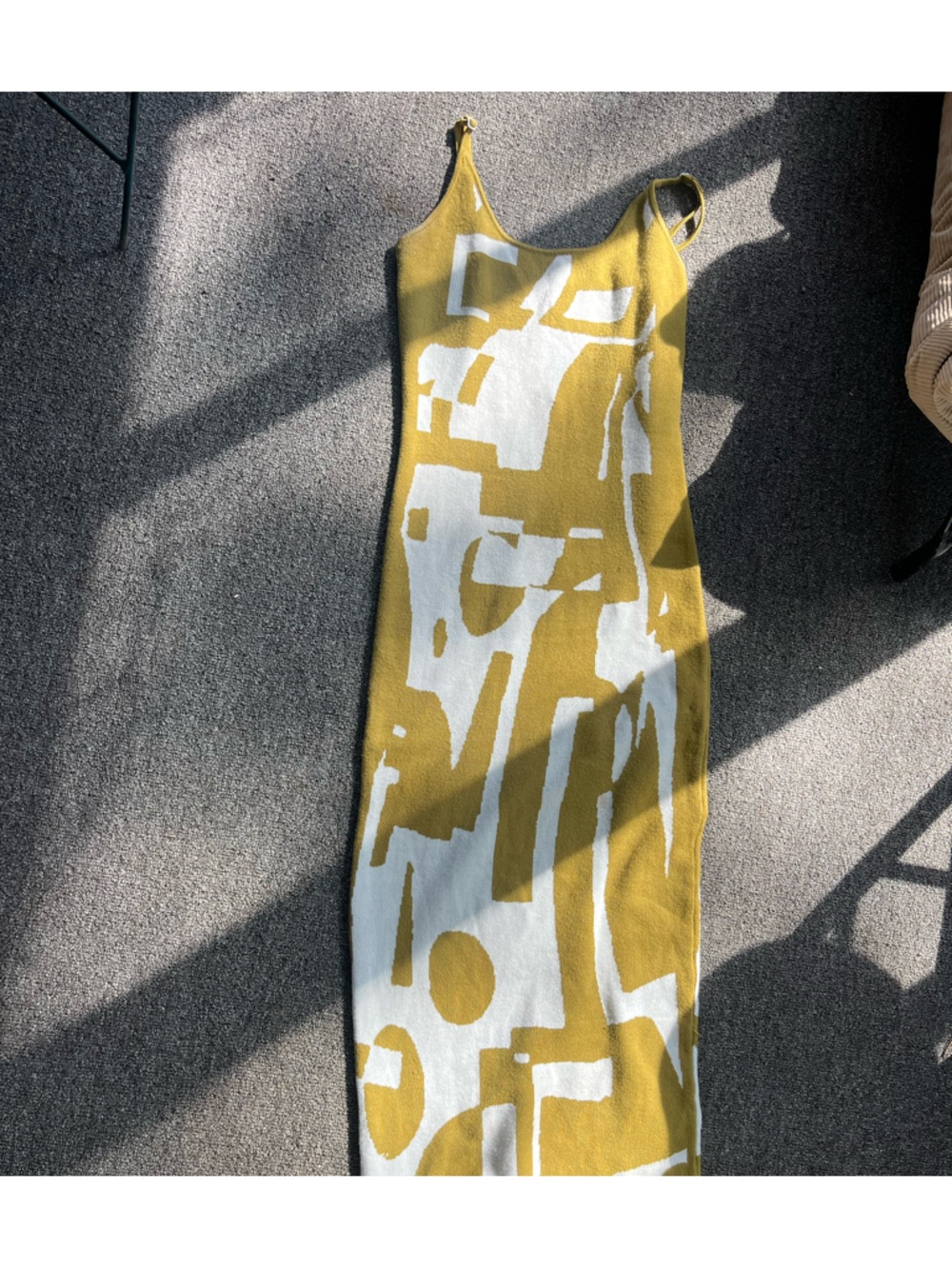 Abstract olive green and white knit maxi dress
